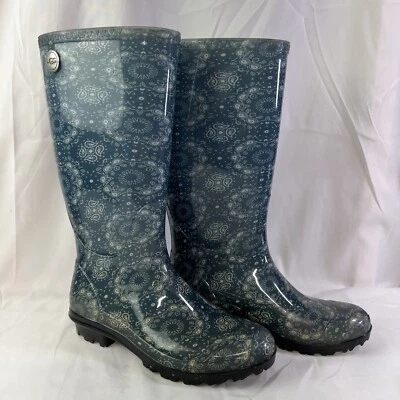 Botas de chuva femininas UGG de borracha biqueira redonda azul paisley tamanho EUA 7 - Imagem 1 de 4