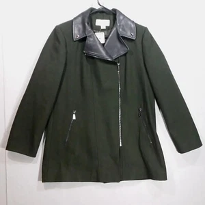 Michael Kors Top Coat Womens L Forest Green Wool Blend Asymmetric Army Style New - Picture 1 of 14