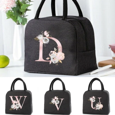 26 Letter Thermal Black Lunch Bag Women Food Picnic Box Cooler Storage HandBag - Image 1 of 4