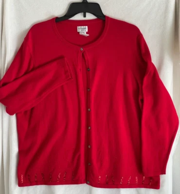 Liz Baker 1X Vacaciones Lentejuelas Adornado Rojo Cárdigan Suéter Manga Larga Botones Foto 1 de 4