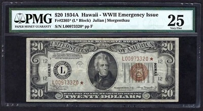 🇺🇸 1934A $20  "HAWAII" ♚STAR♚ ♚STAR♚  PMG VERY FINE 25  STRONG COLOR - Image 1 of 2