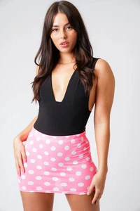 Sexy Pink Polka Dot Mini Skirt High Waisted Stretch Lycra Club Party Festival We - Picture 1 of 6