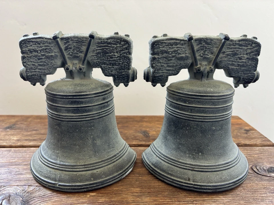 Vintage Virginia Metalcrafters USA Cast Liberty Bell Bookends Doorstop Pair - Image 1 of 4