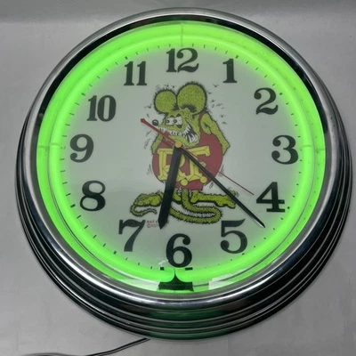 Rat Fink Green Single Neon Clock 15” Vintage Neon Wall Clock for Garage, Bar - Image 1 of 4