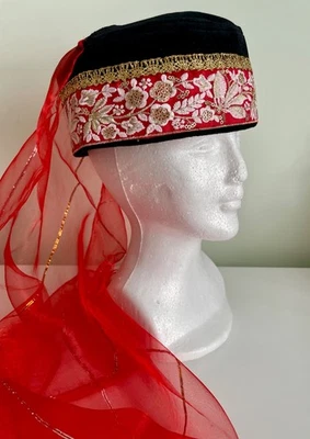 Turkish Fez Hat with Red Veil, Handmade Velvet Costume Hat,Henna Night Headpiece Foto 1 de 4