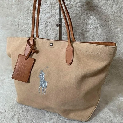 Ralph Lauren Bolso de Mano Bolso de Hombro Cuero Dije Logo Beige USADO Auténtico #S2894 Foto 1 de 4