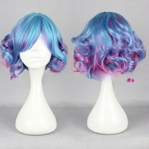 Women's Wig Short Multicolor Blue Purple Curly Party Wig Ladies Hair Full Wig - Picture 1 of 3