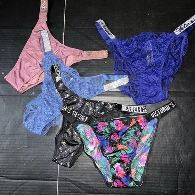 Victoria's Secret L PANTY LOT Purple Hot Pink Floral blue Black Star SHINE STRAP - Image 1 of 4