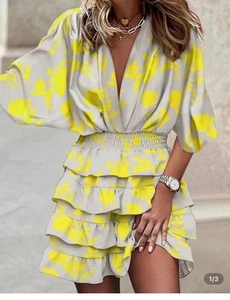 Shein Tiered Ruffle Dress Yellow & Tan Floral Print Sz S - Picture 1 of 13