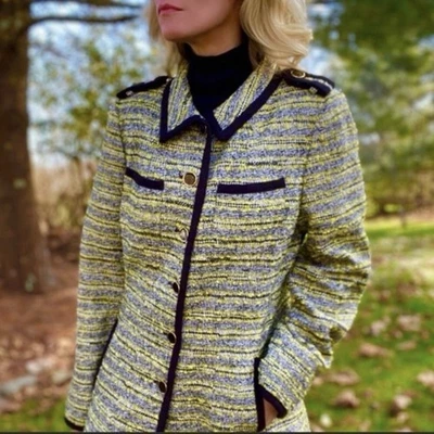 Carlisle Women’s Coat 4 Boucle Tweed Silk Blend Striped Yellow Black Jacket - Image 1 of 4