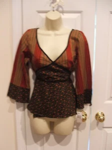 NWT $49 DKNY JEANS 100% COTTON BLACK FLORAL/ WRAP TUNIC BLOUSE  Top size JR. 11 - Picture 1 of 3