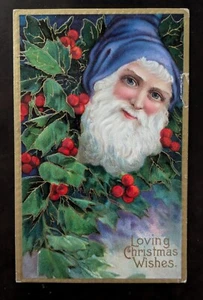 Santa Claus Christmas Antique Germany Blue Hat 1910 Embossed Holly Gold Leaf - Picture 1 of 2