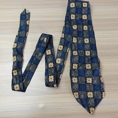 Vintage GUESS Neck Tie Mens Blue Floral Check Silk Boho Dress Suit Classic USA - Image 1 of 4