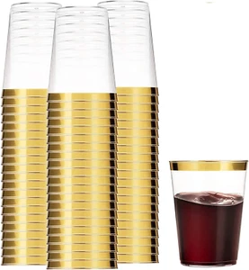 Munfix 100 Gold Plastic Cups 12 Oz Clear Plastic Cups Tumblers Gold Rimmed Cups - Picture 1 of 10