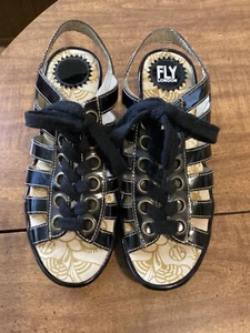 Women's Size 38/7.5 Fly London Black Lace Up Wedge Sandals - Picture 1 of 5