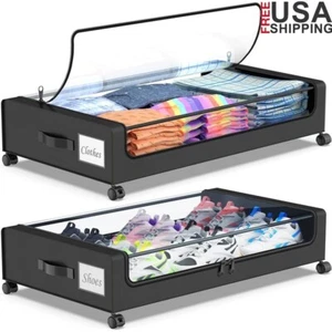 Under Bed Storage Boxes W/ Wheels 2-Pack Clear Lids Organizer Clothes Shoes Toys - Picture 1 of 7