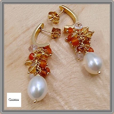 Orecchini in Argento 925 con Perla Naturale e Pietre Dure Pendenti da Donna - Immagine 1 di 4