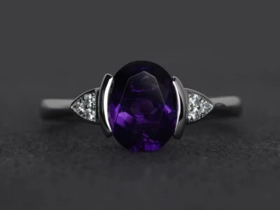 Purple Amethyst Women Ring Oval Natural Gemstone Sterling Silver Trendy Ring - Image 1 of 4