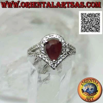 Anello in Argento 925‰ rubino naturale a goccia incastonato contornato da zircon - Immagine 1 di 4