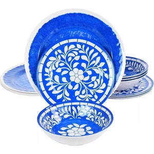 Elama Nelly 12 Stück Blau Blumen Melamin Geschirr Teller Schale Schüssel Set für 8 - Bild 1 von 9