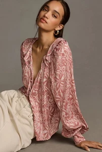 NEU MIT ETIKETT ANTHROPOLOGIE FLORENCE BALDUCCI FEMME KRAGEN BLUSE SHIRT OBERTEIL ROSA GEBLÜMT XL - Bild 1 von 17