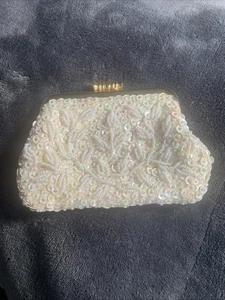 50s 60s Vintage Ivory Hand Beaded Sequin Coin Purse Pouch - Picture 1 of 7