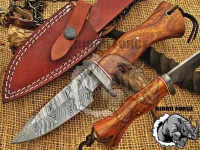 Cuchillo de Caza Damasco, Cuchillo Bowie de Acero Damasco EDC 10"" Total Madera de Rosa Foto 1 de 4