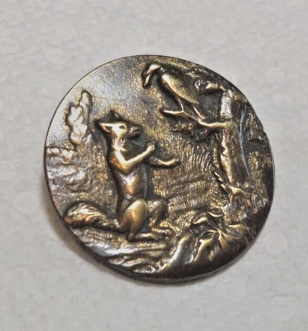 Antique Metal Picture Story Button FOX CROW  1  & 1/8" Cover