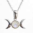 Triple Moon Necklace Pendant Small Moonstone Gemstone 925 Silver 18" Chain Boxed