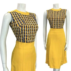 VTG 60S YELLOW BLUE WHITE STRIPE GEOMETRIC MOD SCOOTER PLEATED MIDI DRESS 8 - Picture 1 of 11