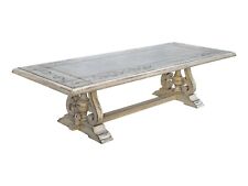 Vintage Luxurious Handcrafted Wooden Dining Table, Floral Design Waxed Off White