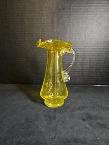 Vtg Sunshine Yellow Hand Blown Pinch Glass Small Pitcher W/ Clear Handle - Picture 1 of 6