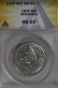 1935 .50  ANACS  MS 63  ARKANSAS  Classic Silver Commemorative Coin - Picture 1 of 2