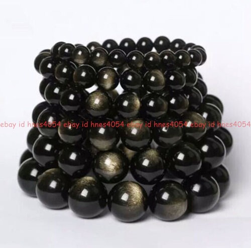 VALENTINO Bracciale Perline Rotonde Oro 4 6 8 10 12 14mm Gemme Ossidiana Naturale 7 5 In