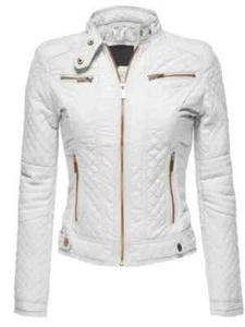 Women's White Leather Jacket Real Lambskin Moto Biker Quilted Leather Jacket - Picture 1 of 13