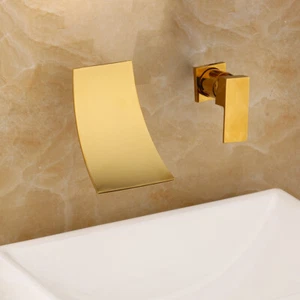 Waterfall Gold Wall Mounted Widespread 2PCs Tap Set Basin Sink Mixer Faucet Set - Picture 1 of 8