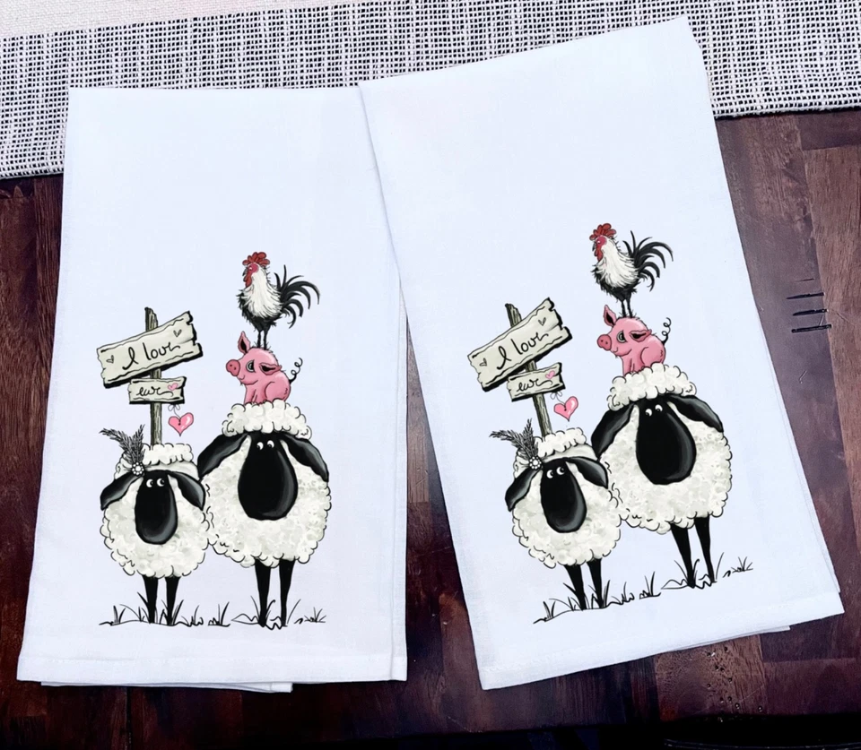 Toallas de cocina animales de granja ovejas cerdo tinta en 100 % algodón 28x28 nuevo juego de 2 Foto 1 de 1