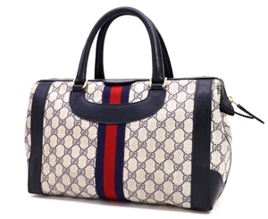 Gucci Vintage Bag Handbag Boston Purse Sherry GG Supreme Navy - Authentic - Picture 1 of 23