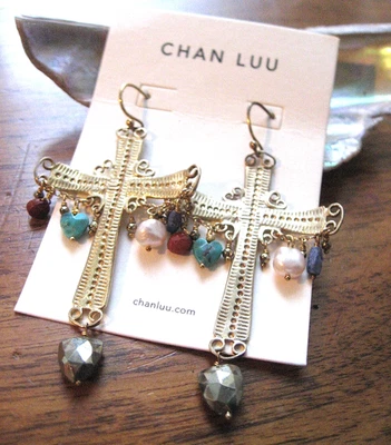 Chan Luu Earrings Gold Cross Pearl Mix Turquoise Heart Ornate 18Kt Vermeil NWT - image 1 of 4
