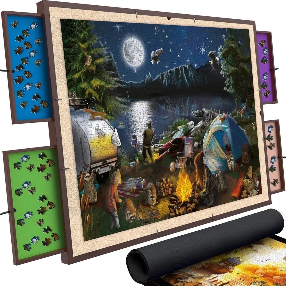 Spinning Jigsaw Puzzle Board Table with 4 Drawers, Felt Surface & Cover XL - Image 1 of 4