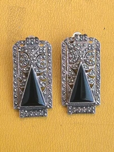Vintage Judith Jack Art Deco Style Sterling Black Onyx Marcasite Earrings  - Picture 1 of 4