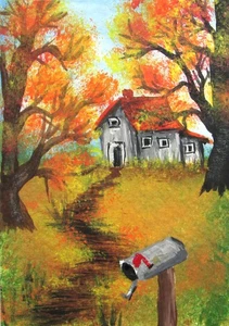 ACEO Scena Cabina con Percorso Autunno Cornice Magnetica Arte Originale di Rain Crow - Foto 1 di 7