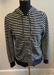 Tory Burch Cotton Terry Striped Hooded Sweater Logo Buttons Snap/Zip Closure XS - Picture 1 of 14