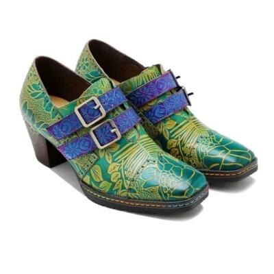 ЖЕНСКИЕ 9 КОЖИ ЦВЕТОЧНЫЙ ВРУЧНУЮ ТИСНЕНЫЙ ДВОЙНОЙ РЕМЕНЬ MONK OXFORD - Изображение 1 из 4