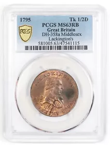 PCGS MS63RB 1795 GB, Middlesex LACKINGTON'S Conder Halfpenny D&H 358a - Picture 1 of 3