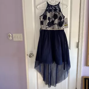 NEW NWT RARE EDITIONS Girl's 14 Blue Embroidered Mesh High-Low Dress BEAUTIFUL - Picture 1 of 5
