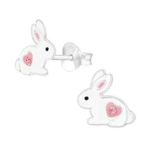 925 Sterling Silver Bunny Rabbit Crystal Stud Earrings Pink Heart Girls Women - Picture 1 of 6