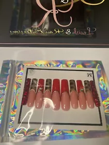 Red Cherry & Cheetah Print Bling Coffin X-Long Acrylic Press-On Nails - Picture 1 of 1