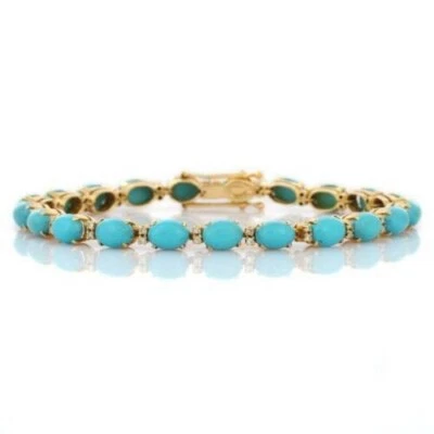 8Ct Oval Turquoise Lab Created Women's Tennis Bracelet 14K Yellow Gold Plated - Image 1 of 4