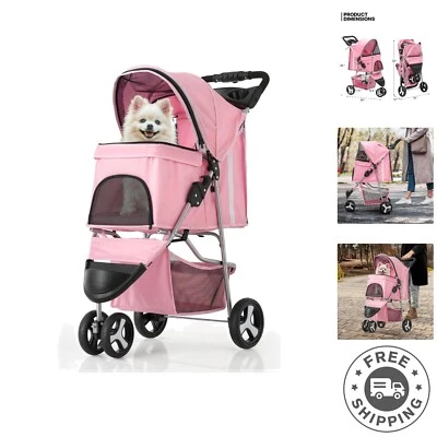 Stylish Pink Pet Strolling Cart with Breathable Mesh for Comfortable Travel - Image 1 of 4